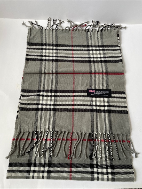 Made In Scotland Accessories - Classic Plaid Cashmere Scarf with Fringe - Gray, Black, White, Red